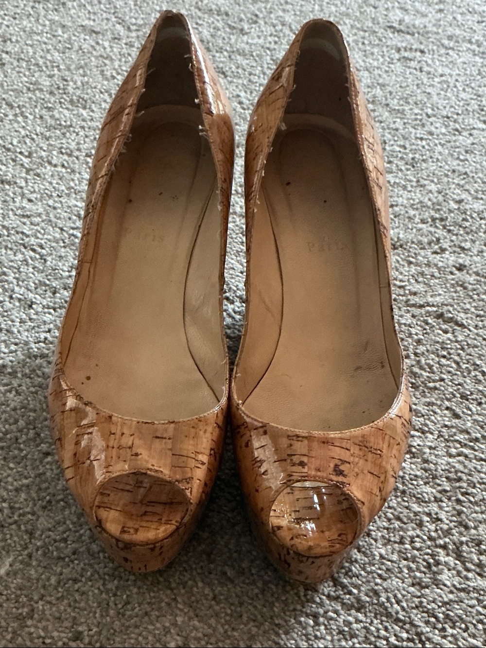 Christian Louboutin Cork Peep-Toe Platform Pumps - Tan